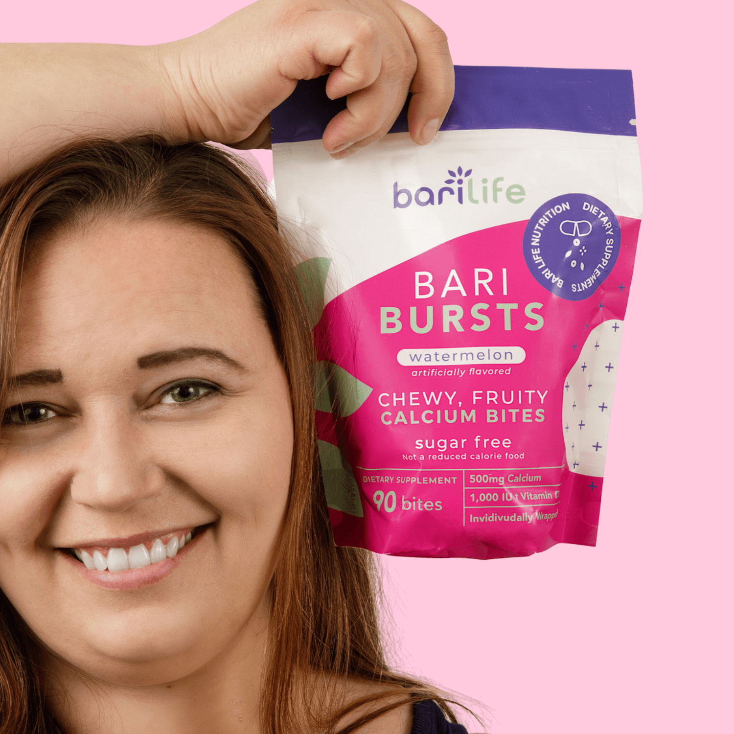 Woman holding BariBurst Watermelon Calcium Chews bag, sugar-free, chewy supplement with D3 for better absorption.